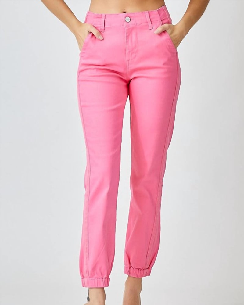 Front of a model wearing a size 2X High Rise Jogger Jeans In Pink in Pink by RISEN. | dia_product_style_image_id:354186